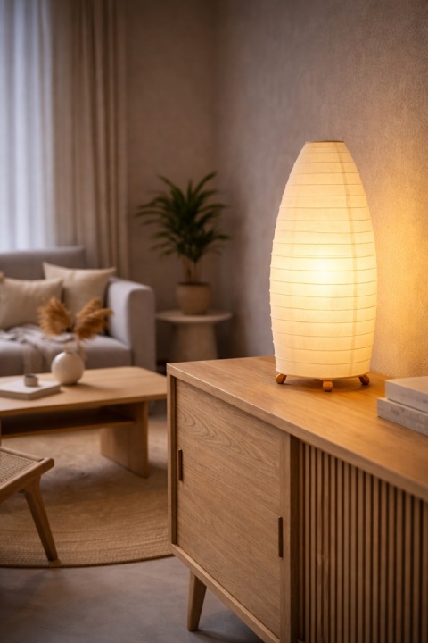 Lampa stołowa papierowa Andon Teburu w salonie japandi na komodzie