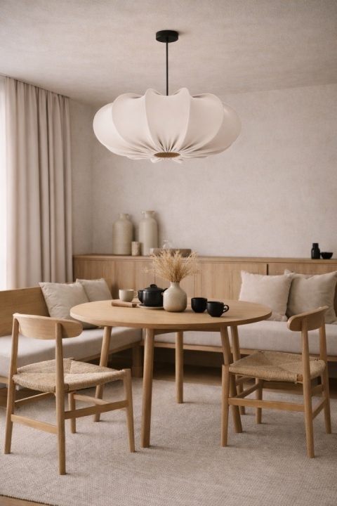 lampa wisząca japandi beżowa Hanae Hada nad stołem w jadalni