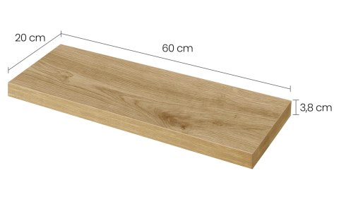 Grafika techniczna przedstawiająca wymiary półki Koi I: 60 cm szerokości, 20 cm głębokości oraz 3,8 cm wysokości.