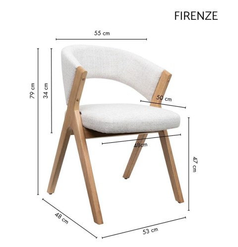 Grafika techniczna krzesła Oreta Ki z wymiarami: wysokość 79 cm, szerokość 55 cm, głębokość 48 cm.