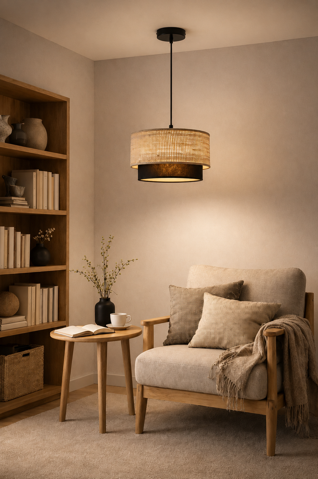 Lampa wisząca rattanowa beżowa czarna japandi Kagehikari